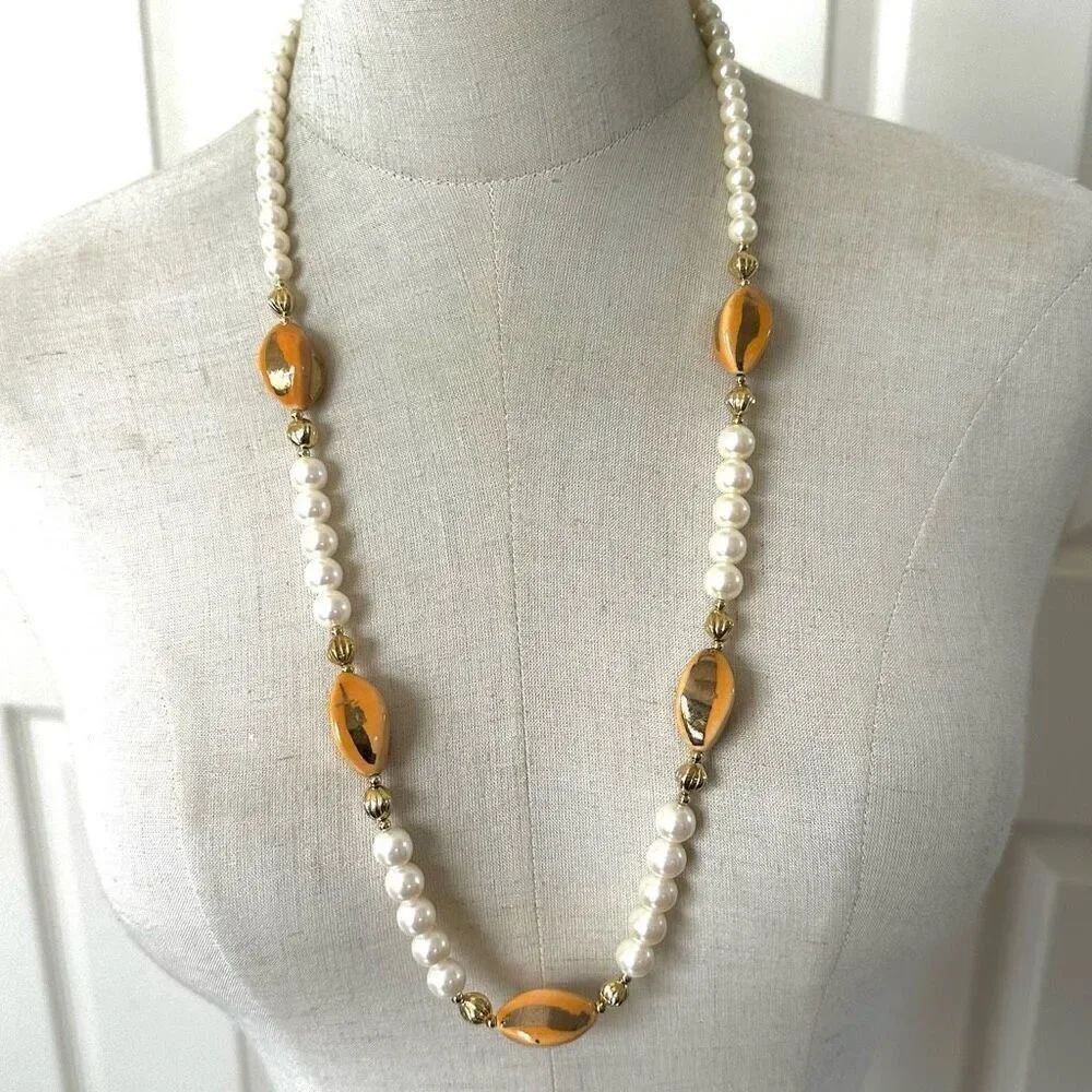 Faux pearl gold tone accent bead necklace